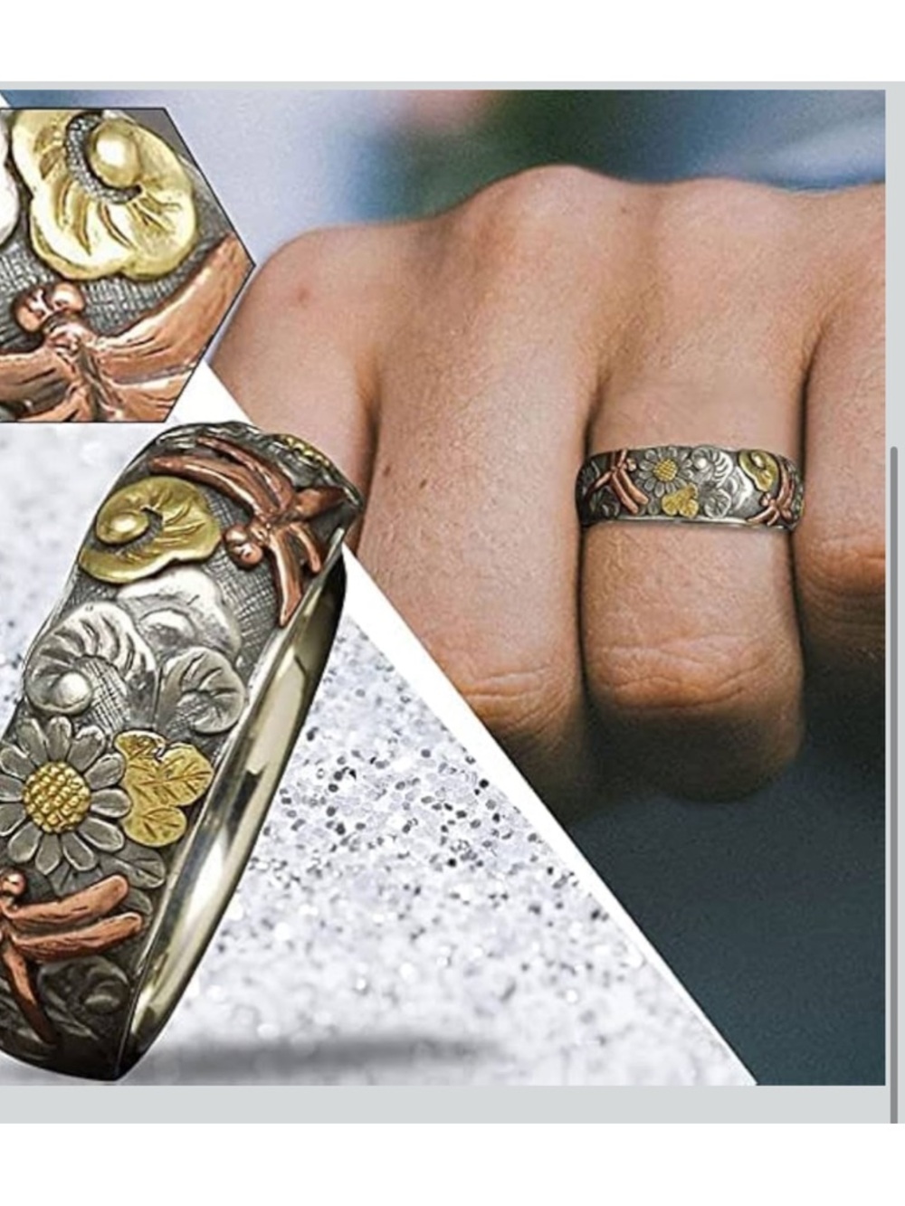 Vintage Silver and Rose Gold Colorful Carved Dragonfly Ring, Size 7 or 8, NWOT - Picture 5 of 5